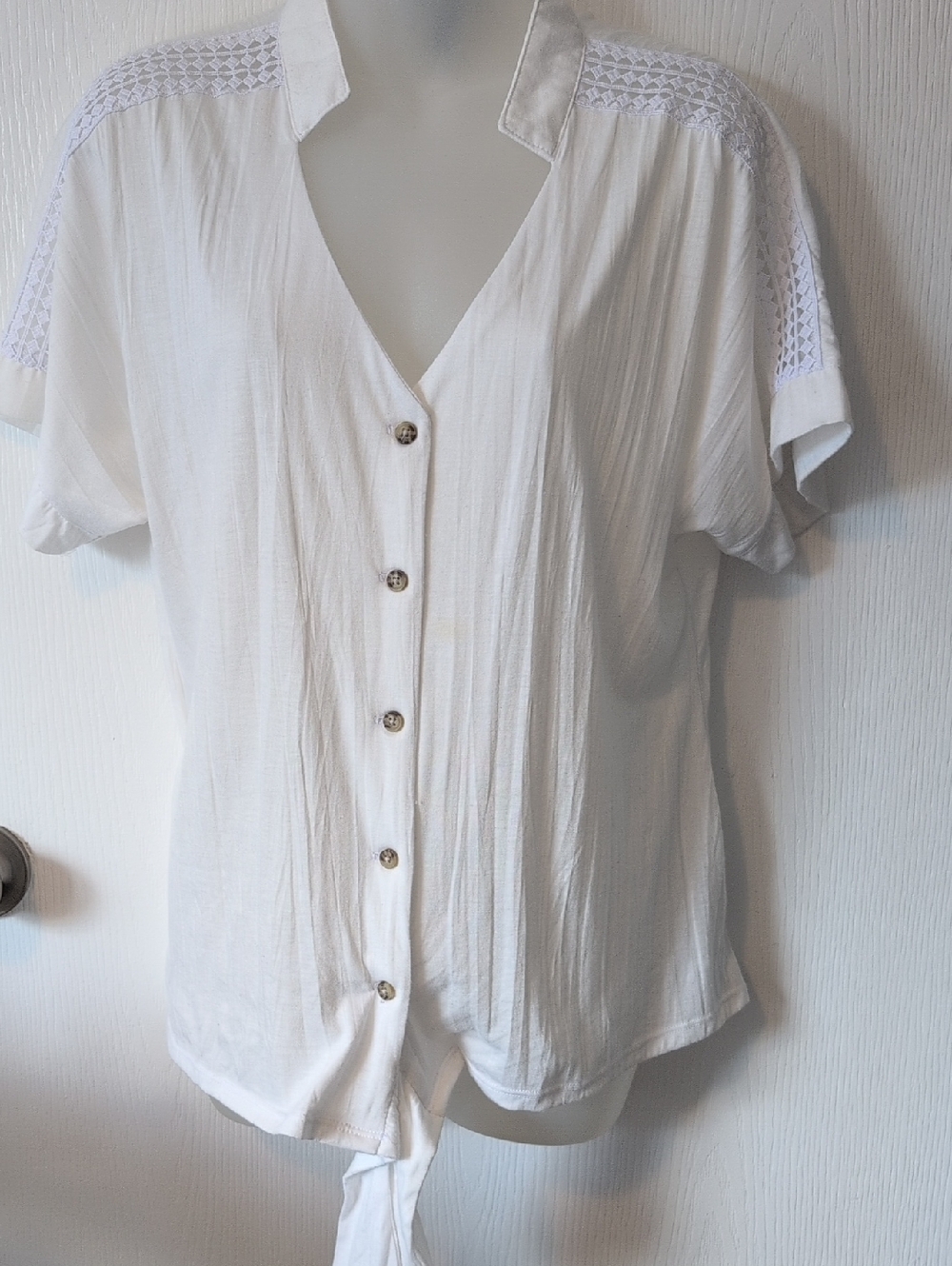White Tie-Hem Button Front Women's Top